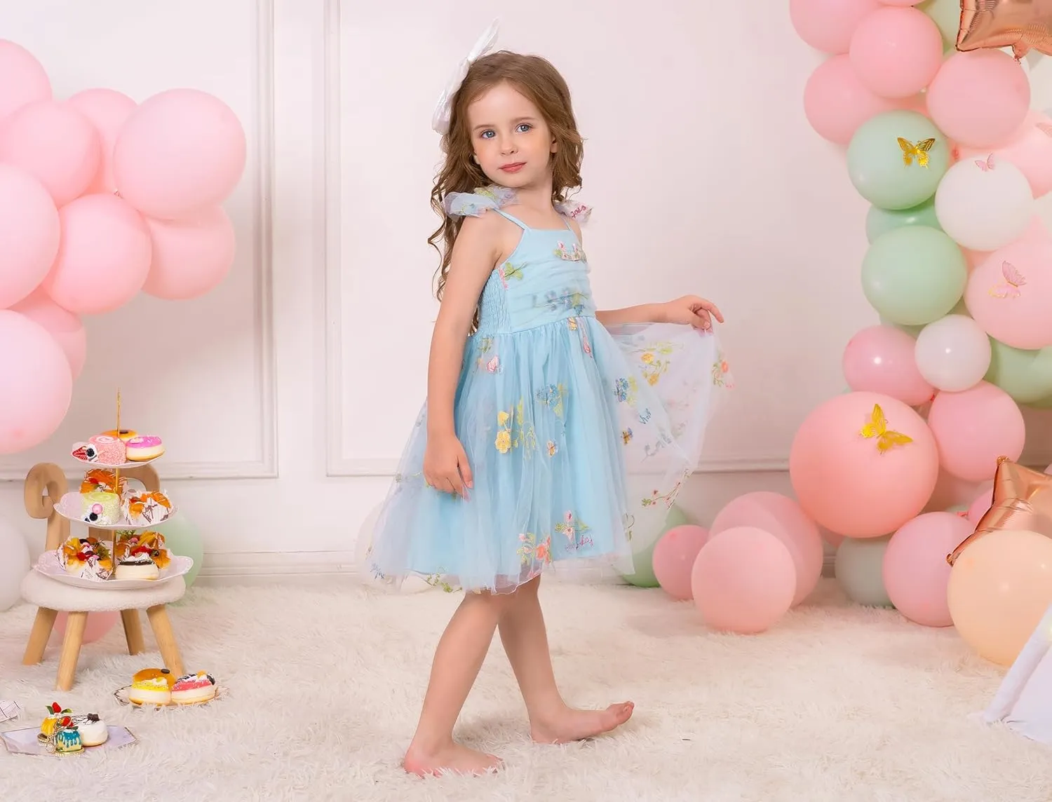 Toddler Baby Girl 1st Birthday Outfit Summer Sundress Clothes Rainbow Floral Tulle Tutu Dress Cake Smash Photoshoot