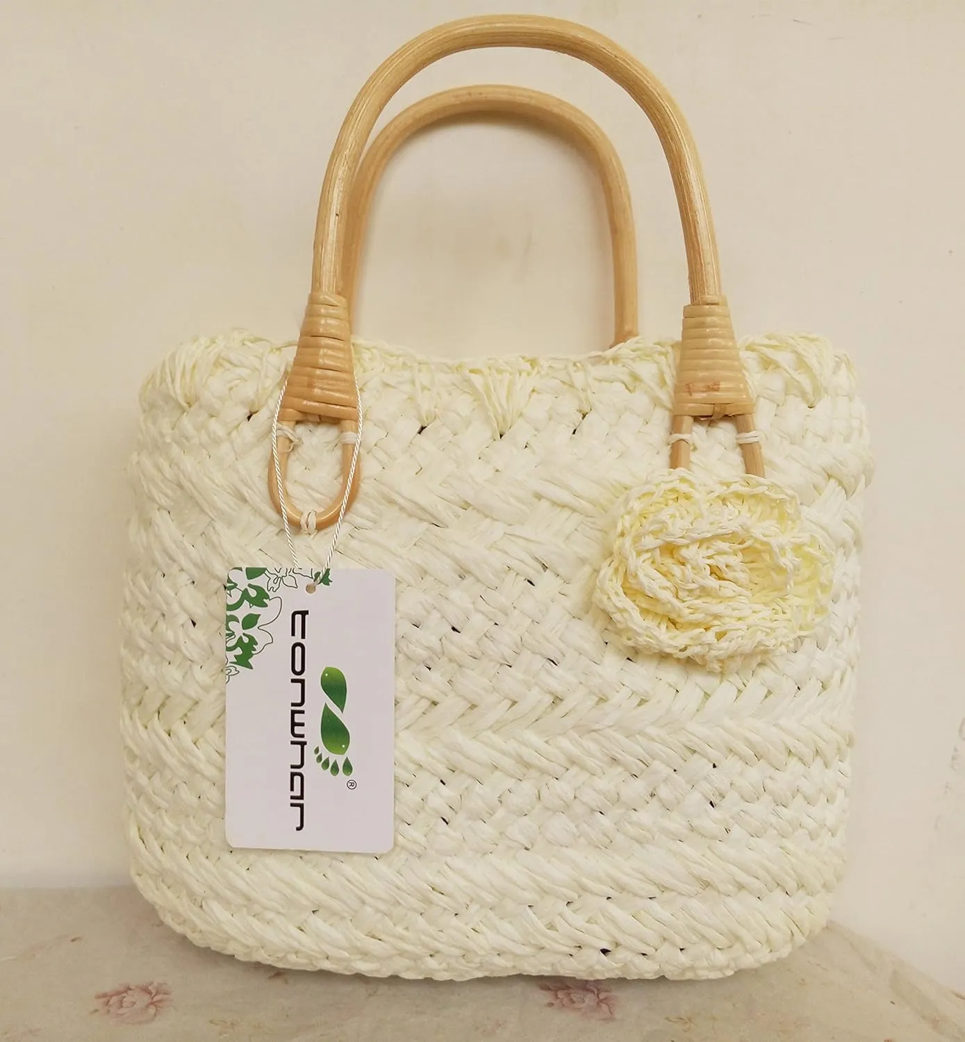 TONWHAR Handmade Cute Small Beach Tote Handbag Straw Woven Purse