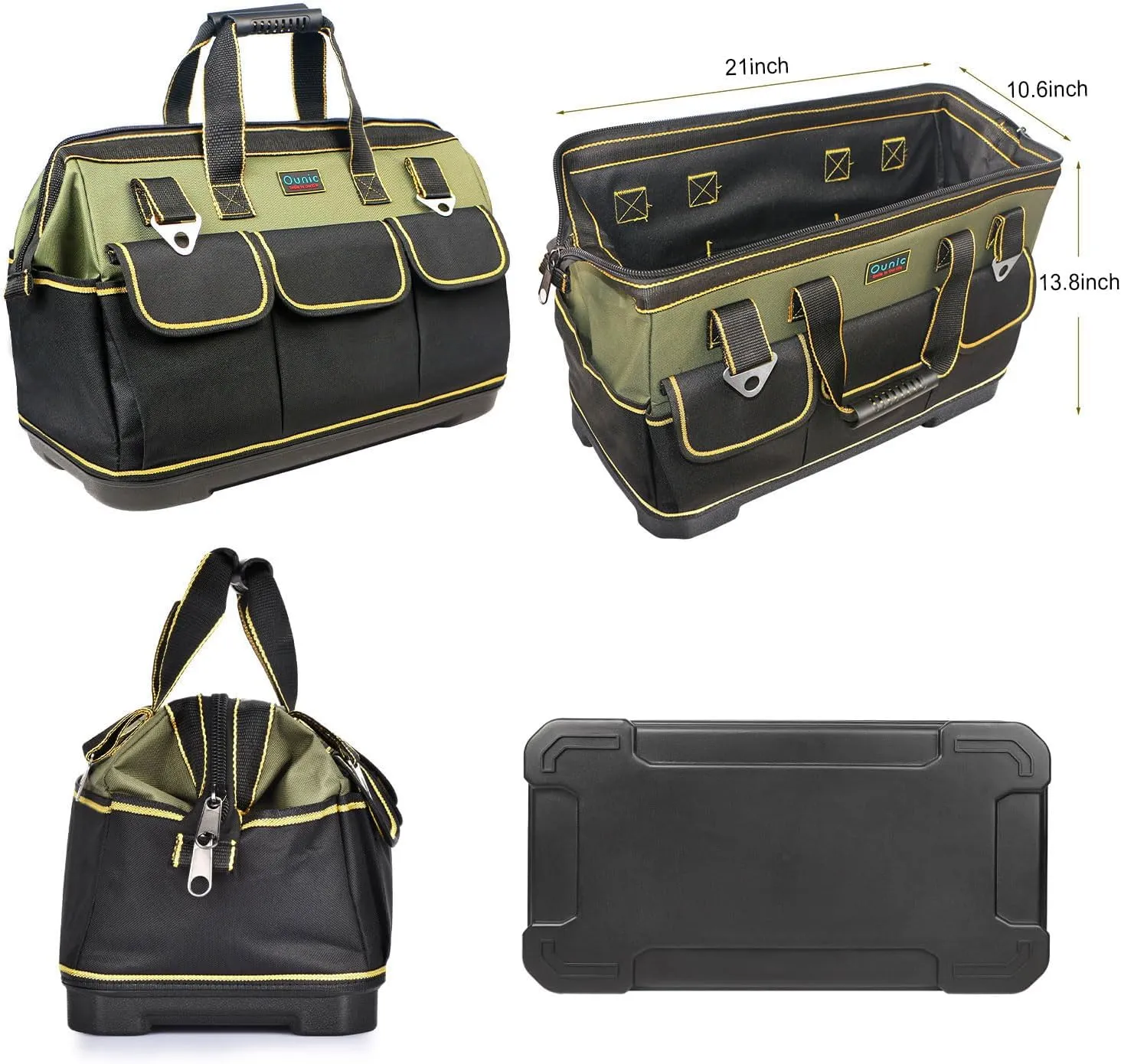 Tool Bag, Ounic 22 Inch Large Heavy Duty With Wide Mouth and Waterproof Strong Molded Base tool Organizer with Adjustable Shoulder Strap Specially Designed for Various Tools（Green)