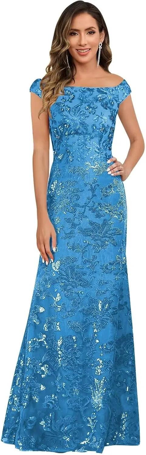 TORYEMY Sequin Mother of The Bride Dresses for Women Off The Shoulder Long Formal Evening Gown