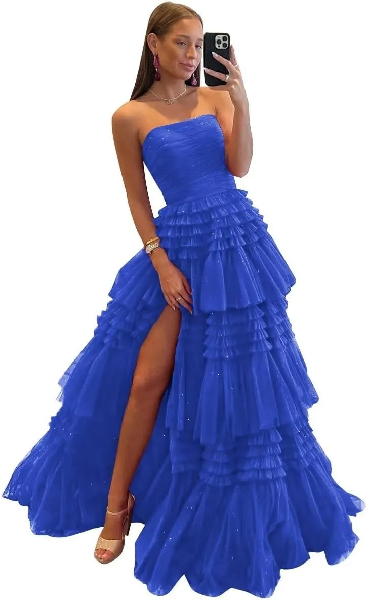 TORYEMY Tiered Glitter Tulle Prom Dress for Women Princess Ball Gown Long Formal Evening Dress with Slit