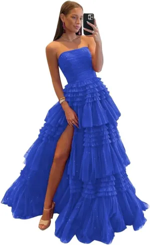 TORYEMY Tiered Glitter Tulle Prom Dress for Women Princess Ball Gown Long Formal Evening Dress with Slit