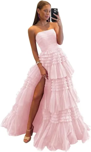 TORYEMY Tiered Glitter Tulle Prom Dress for Women Princess Ball Gown Long Formal Evening Dress with Slit