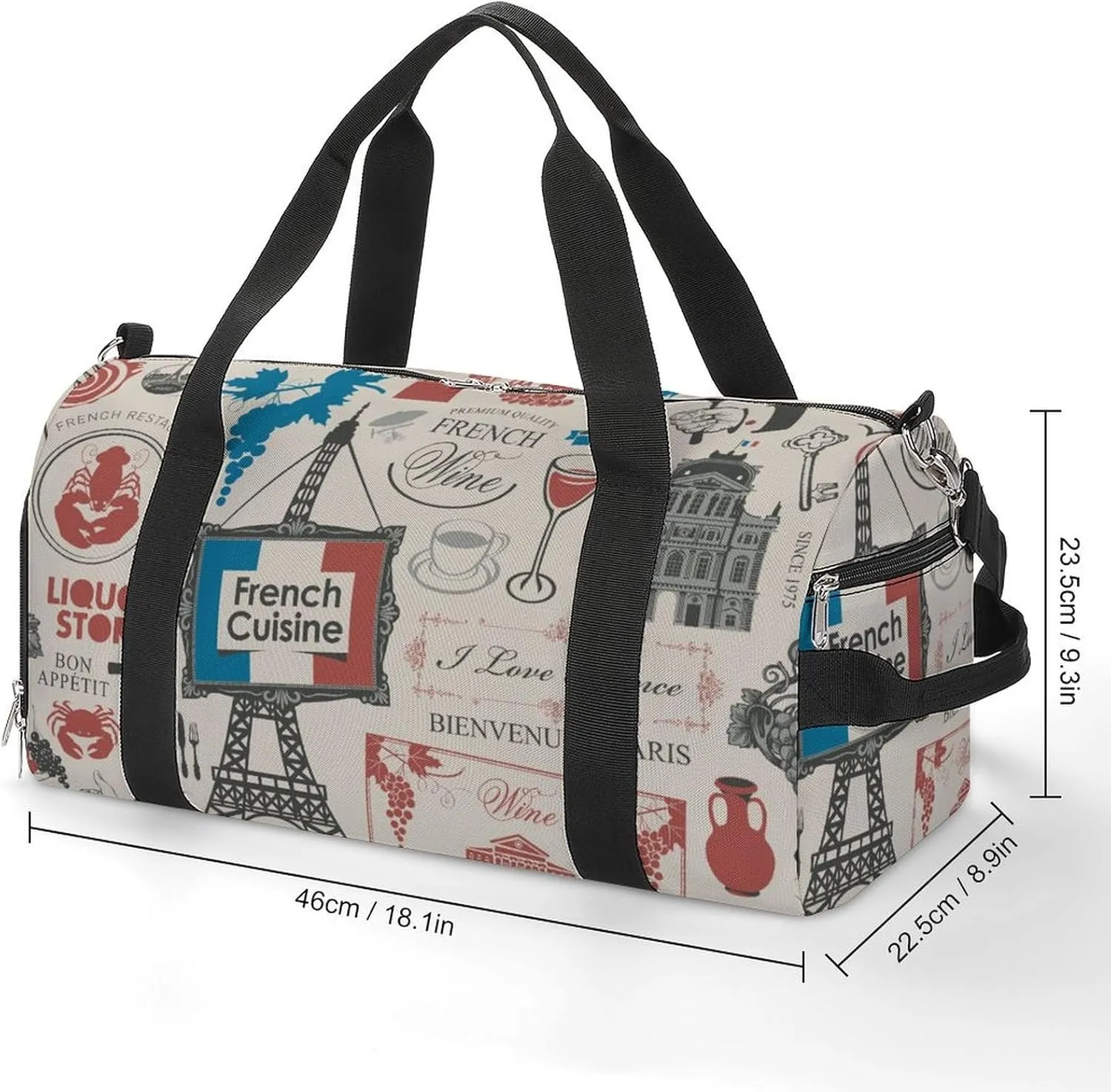Travel Duffel Bag France Paris Theme with Shoe Compartment and Wet Pocket for Gym