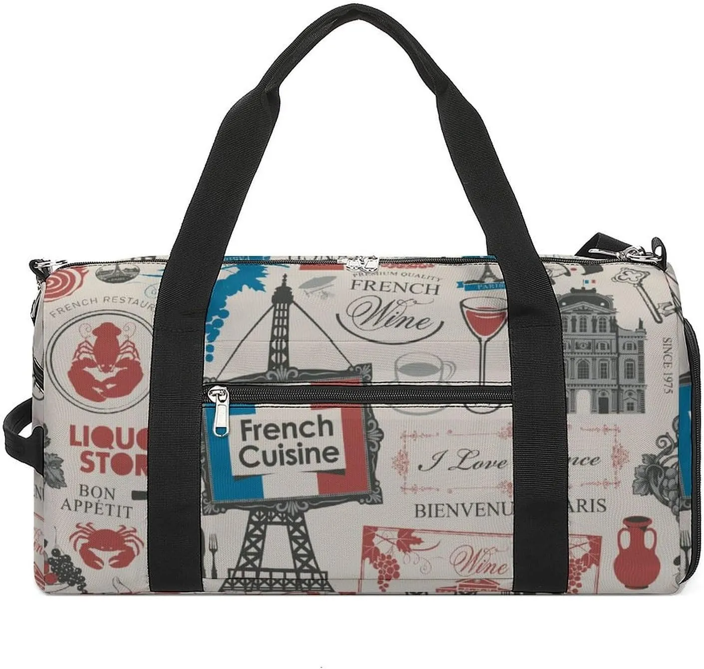 Travel Duffel Bag France Paris Theme with Shoe Compartment and Wet Pocket for Gym