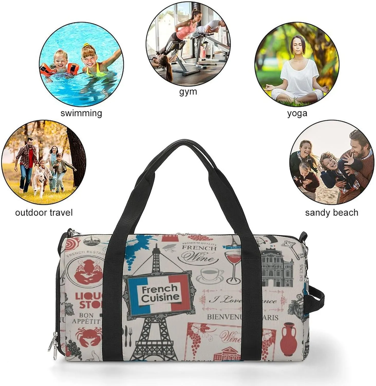 Travel Duffel Bag France Paris Theme with Shoe Compartment and Wet Pocket for Gym