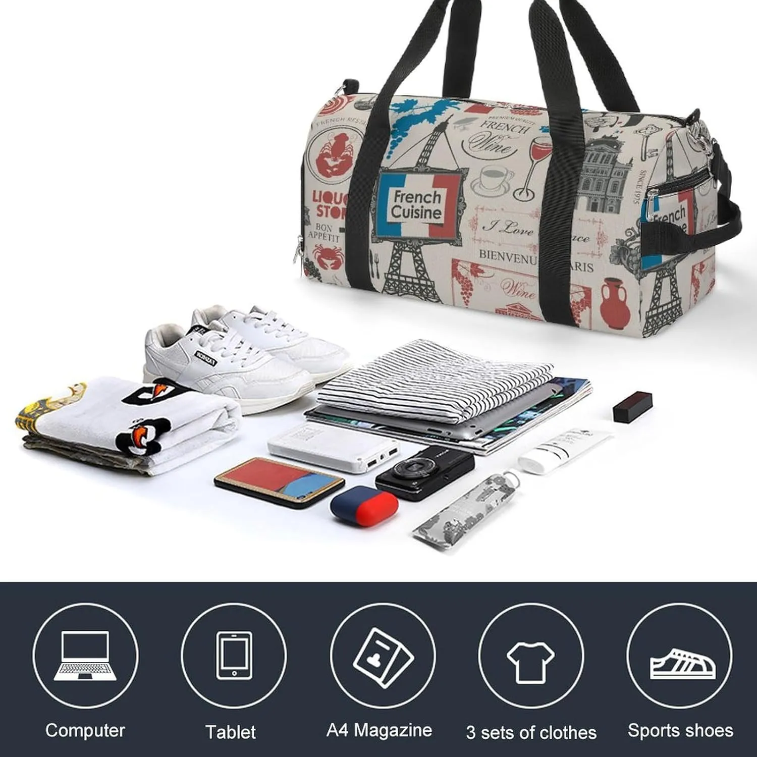 Travel Duffel Bag France Paris Theme with Shoe Compartment and Wet Pocket for Gym