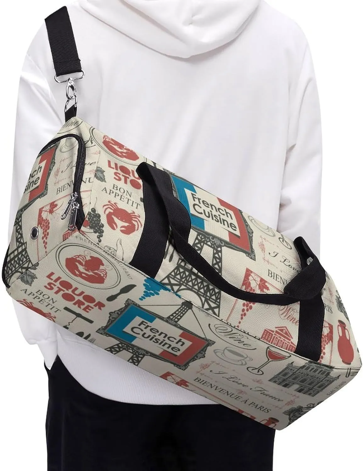 Travel Duffel Bag France Paris Theme with Shoe Compartment and Wet Pocket for Gym
