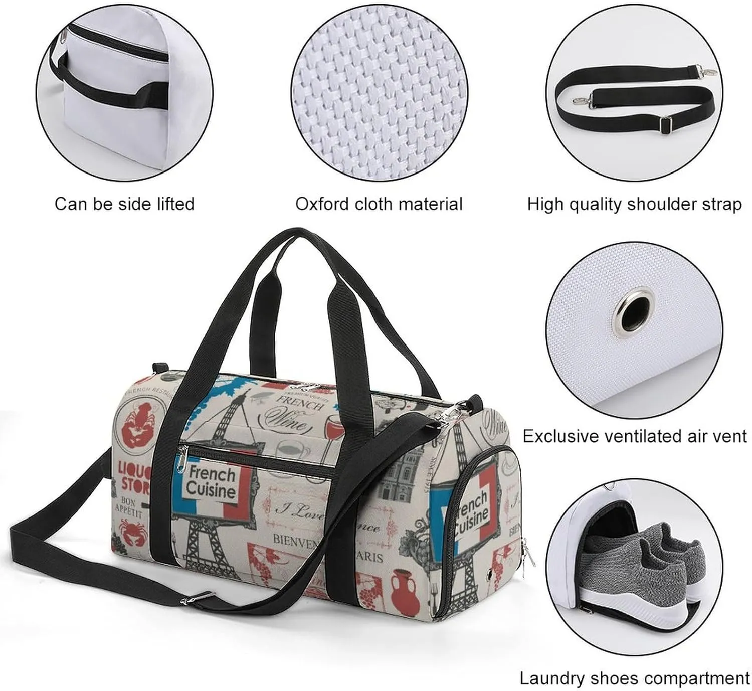 Travel Duffel Bag France Paris Theme with Shoe Compartment and Wet Pocket for Gym