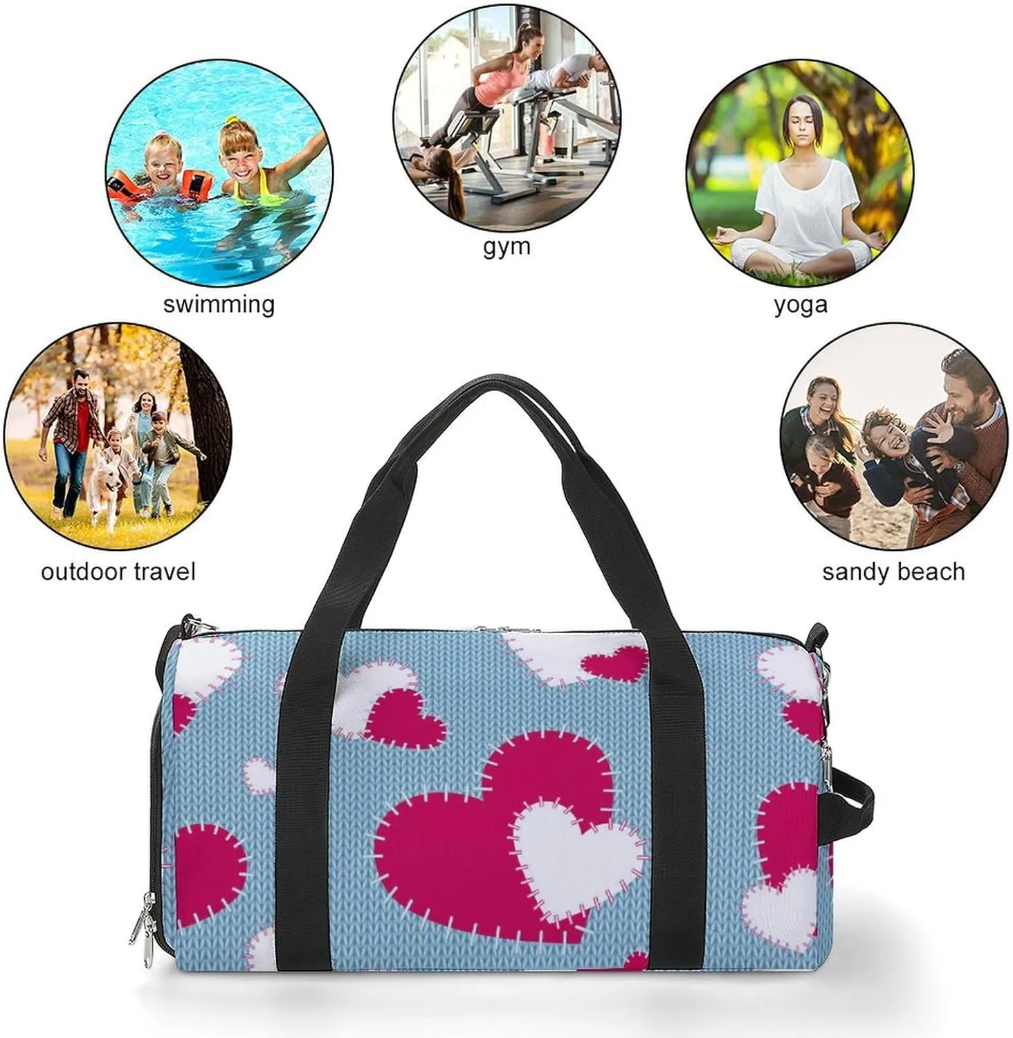 Travel Duffel Bag Hearts with Shoe Compartment and Wet Pocket for Gym