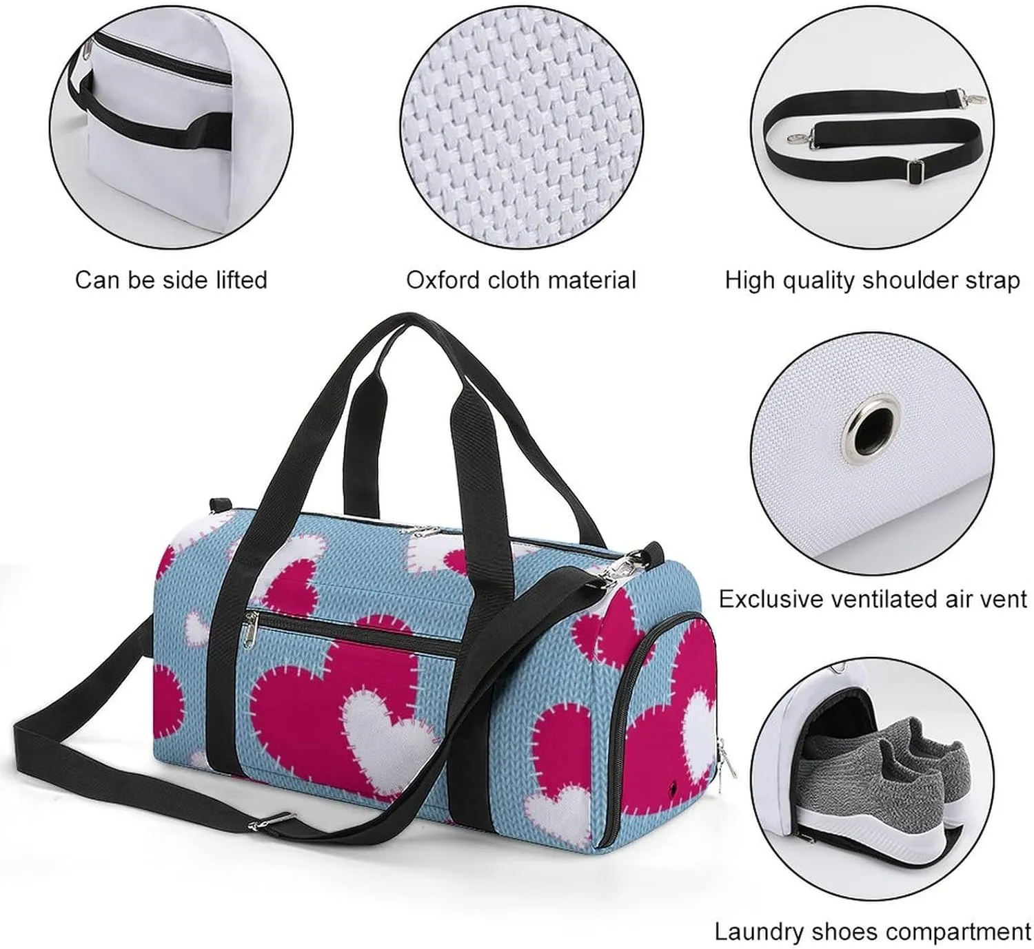 Travel Duffel Bag Hearts with Shoe Compartment and Wet Pocket for Gym