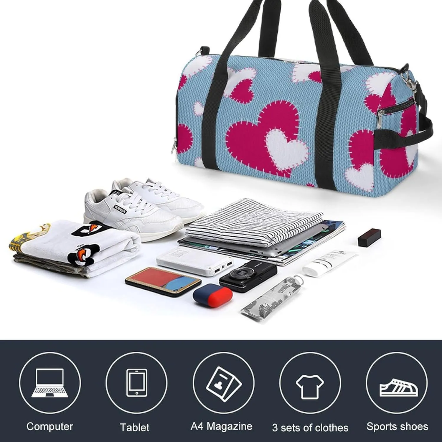 Travel Duffel Bag Hearts with Shoe Compartment and Wet Pocket for Gym