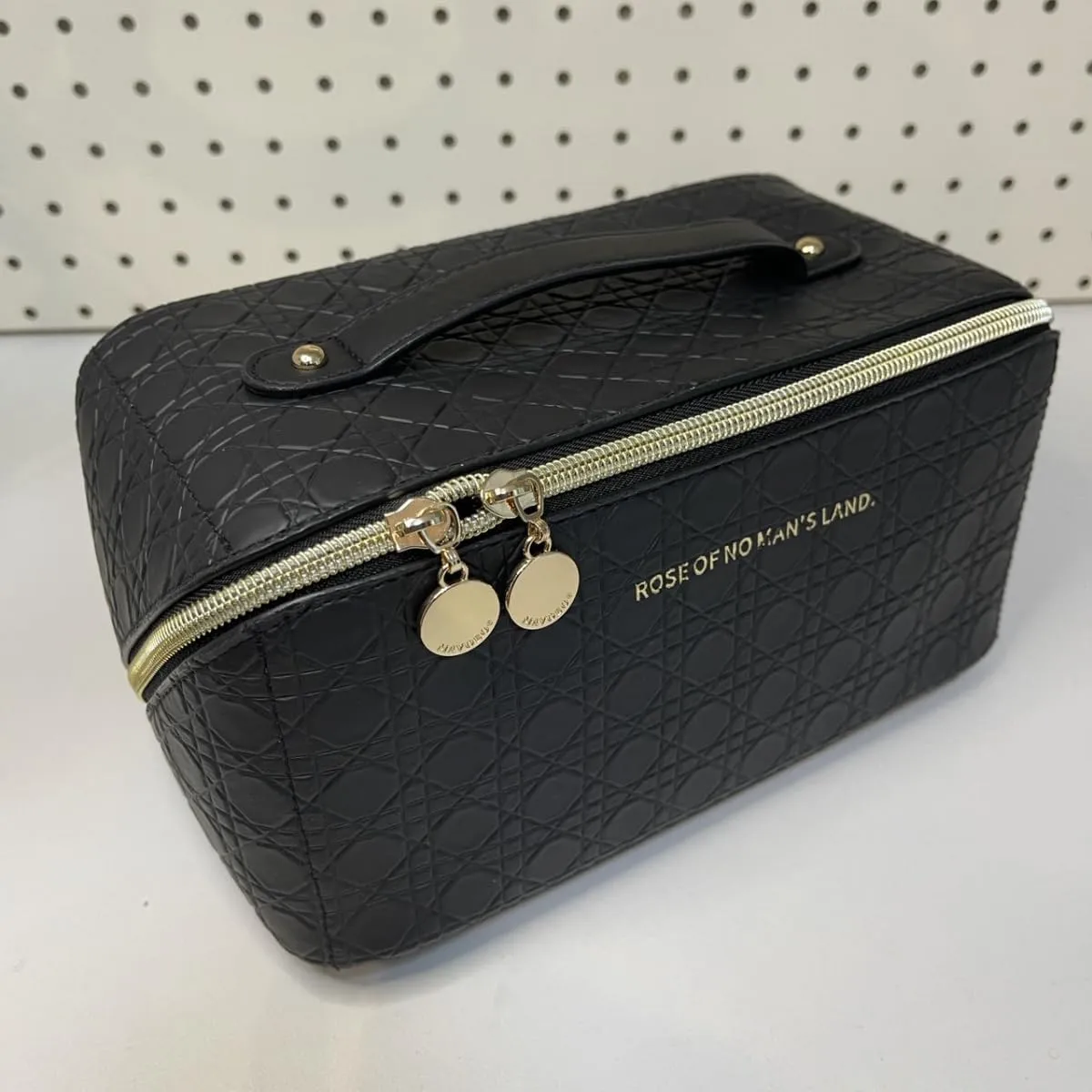 Travel Makeup Bag 1 pcs Argyle black Travel cosmetic bag Portable Makeup storage Bag Travel toiletry Bag Travel essentials Large capacity double zipper design stripe cosmetics case