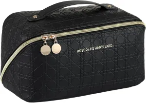 Travel Makeup Bag 1 pcs Argyle black Travel cosmetic bag Portable Makeup storage Bag Travel toiletry Bag Travel essentials Large capacity double zipper design stripe cosmetics case