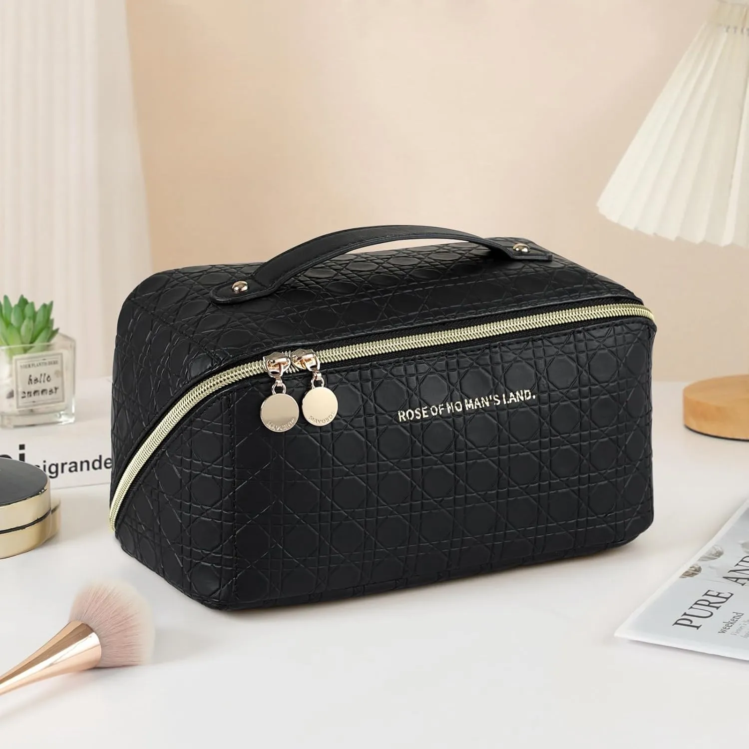Travel Makeup Bag 1 pcs Argyle black Travel cosmetic bag Portable Makeup storage Bag Travel toiletry Bag Travel essentials Large capacity double zipper design stripe cosmetics case