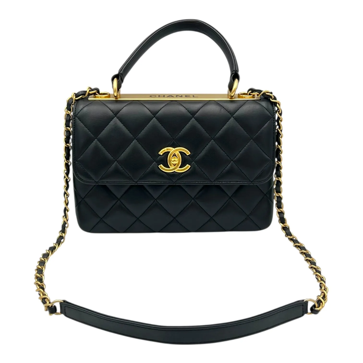 Trendy CC Top Handle Bag Black in Lambskin, Gold hardware
