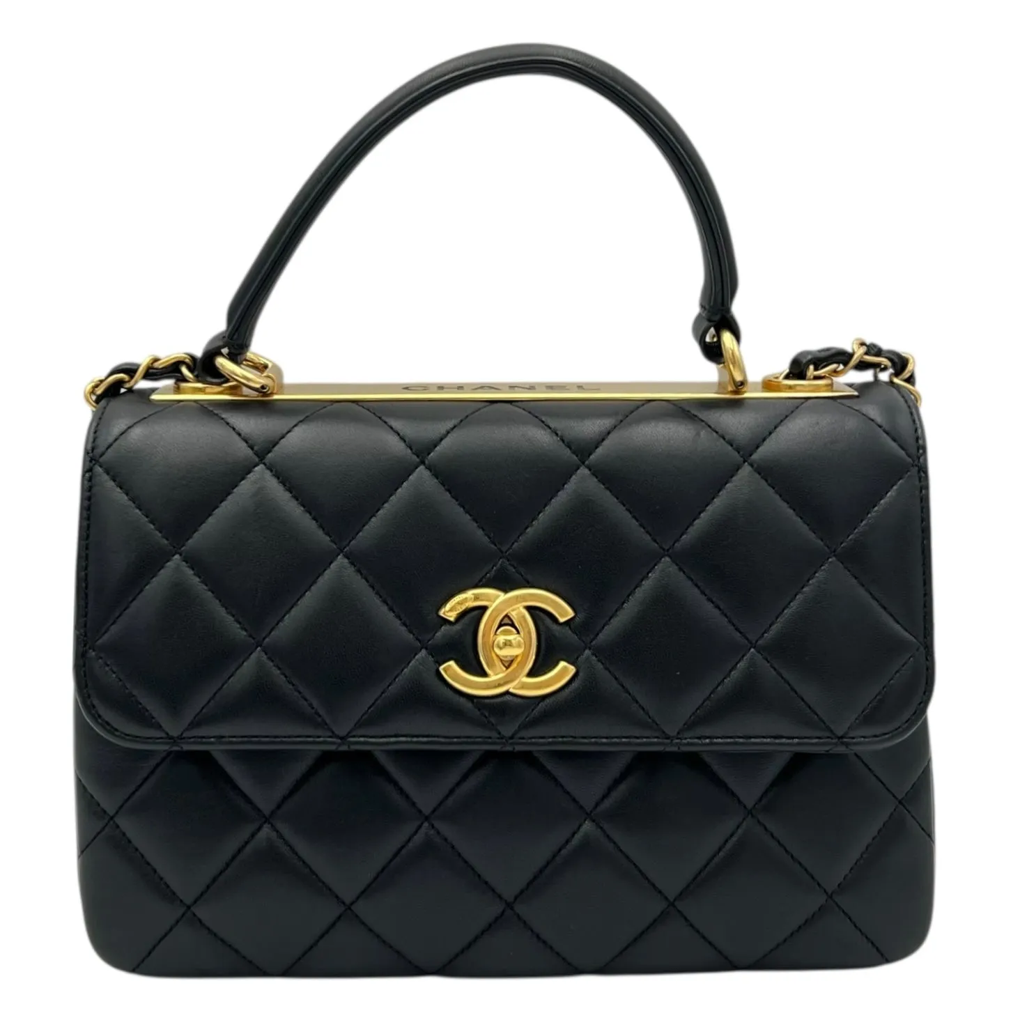 Trendy CC Top Handle Bag Black in Lambskin, Gold hardware