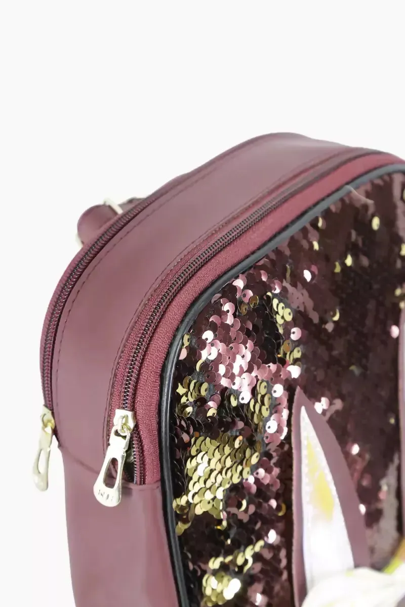 Trendy Reversable Sequin Mini Backpack for Girls - Marron with gold