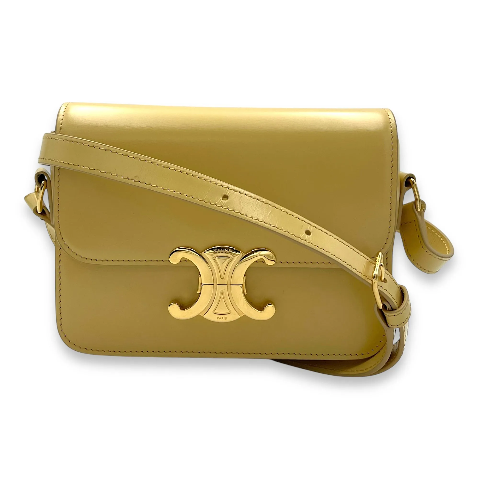 Triomphe Crossbody Bag Teen Yellow in Calfskin, Gold hardware