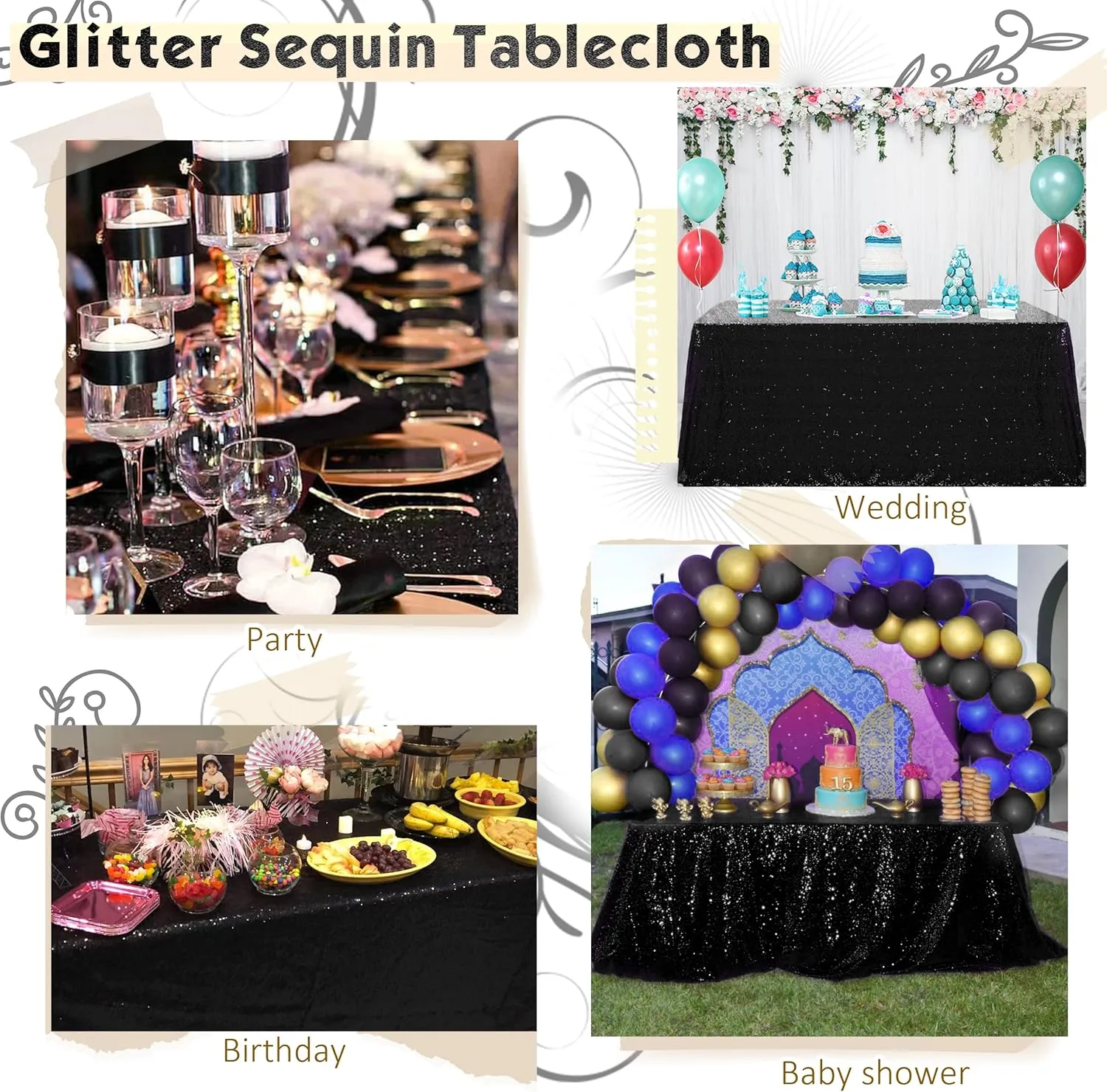Trlyc Black Sequin Tablecloth - 60x120inch Glitter Tablecloth Rectangle Party Wedding Christmas Table Cloth