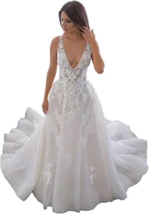 Tulle Beach Wedding Dresses for Women 2025 Lace Appliques Bridal Gown with Train