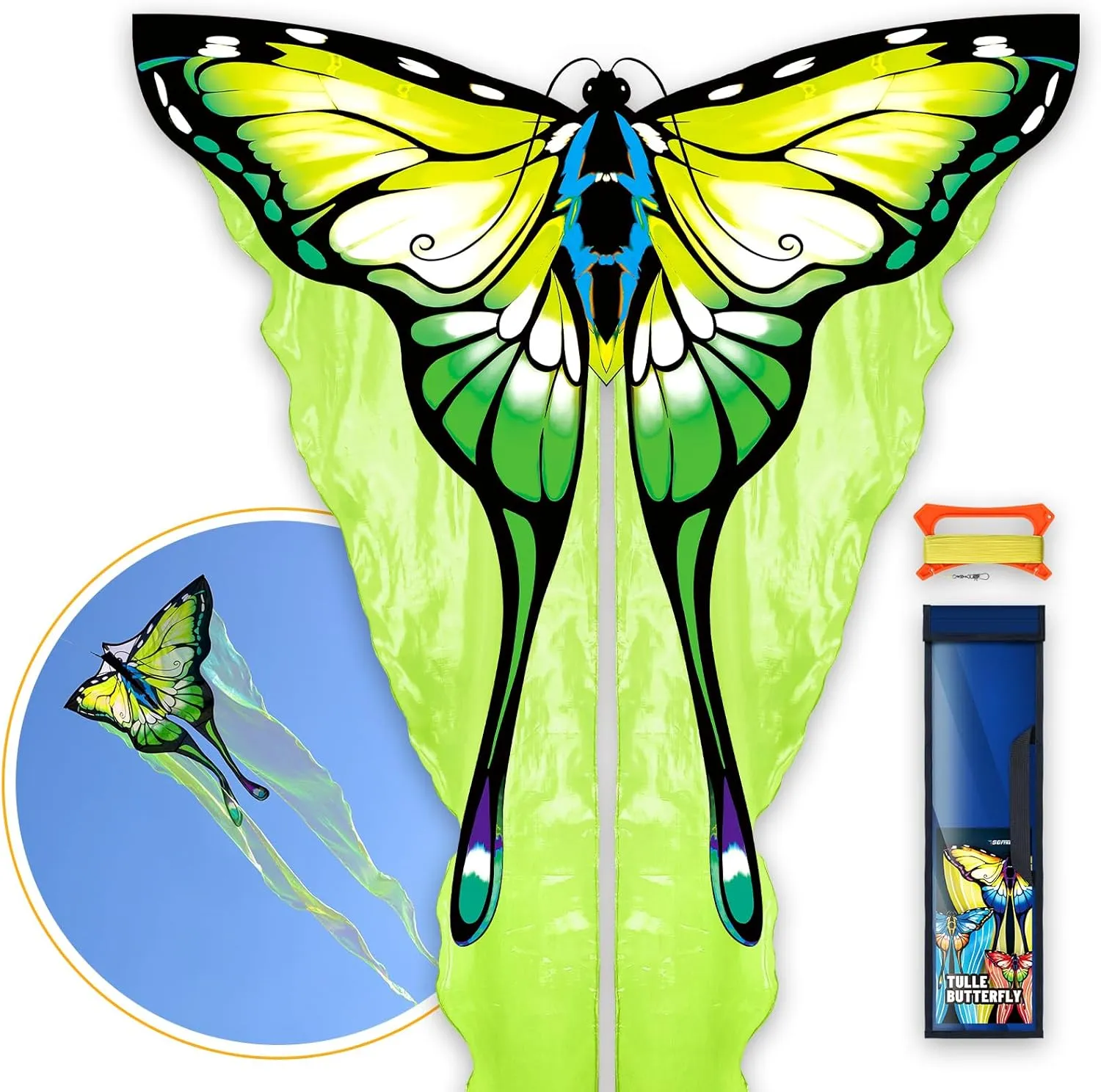 Tulle Butterfly Kite - Easy to Fly, Perfect for Outdoor Activities & Holidays, Ideal for Kids and Adults with Kite Thread Included (Green)