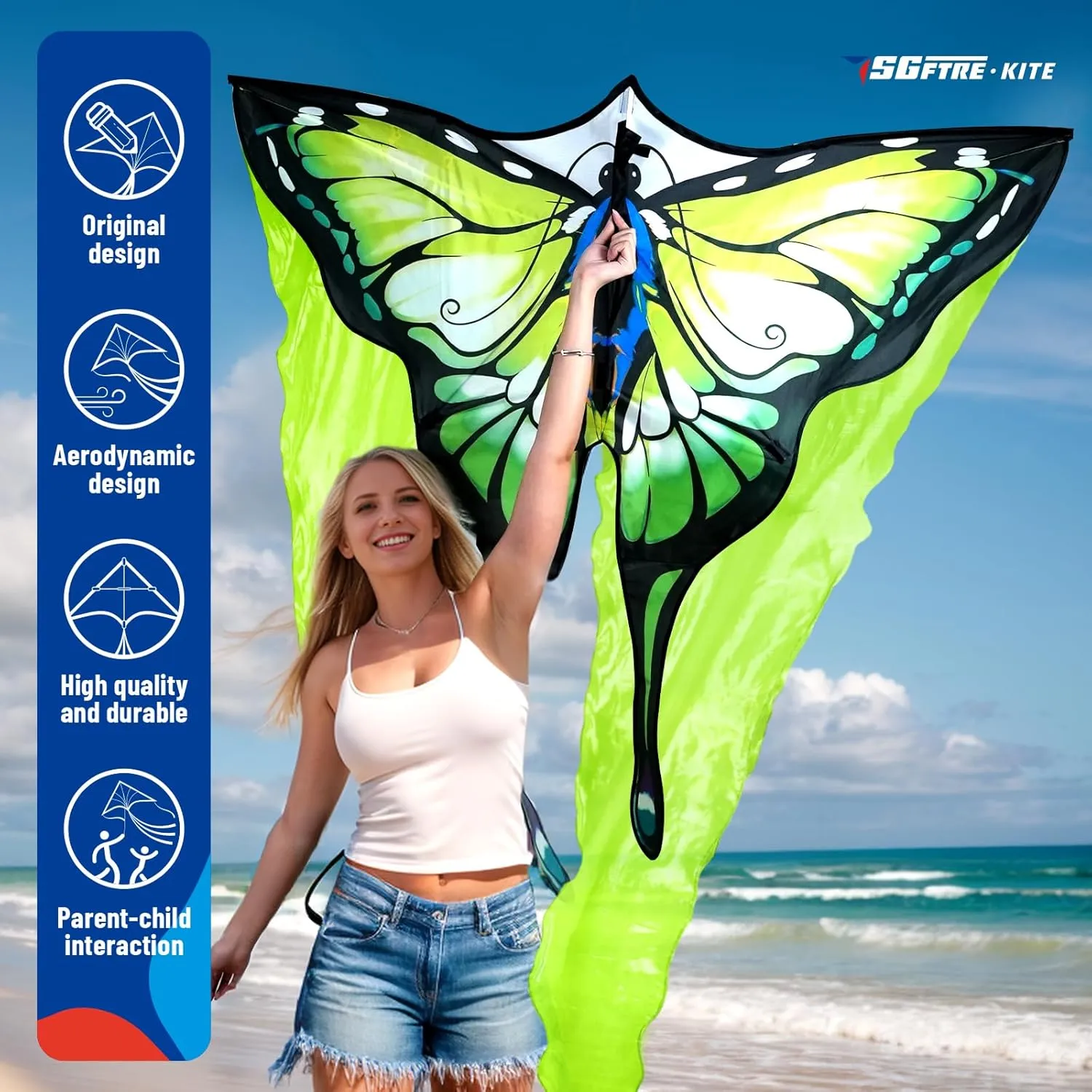 Tulle Butterfly Kite - Easy to Fly, Perfect for Outdoor Activities & Holidays, Ideal for Kids and Adults with Kite Thread Included (Green)
