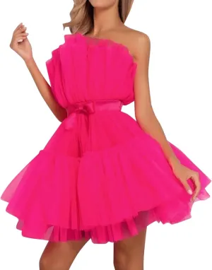Tulle Dress Women Short Puffy Prom Dress Strapless Mesh Birthday Party Fairy Dresses Ruffle Cocktail Poofy Gown