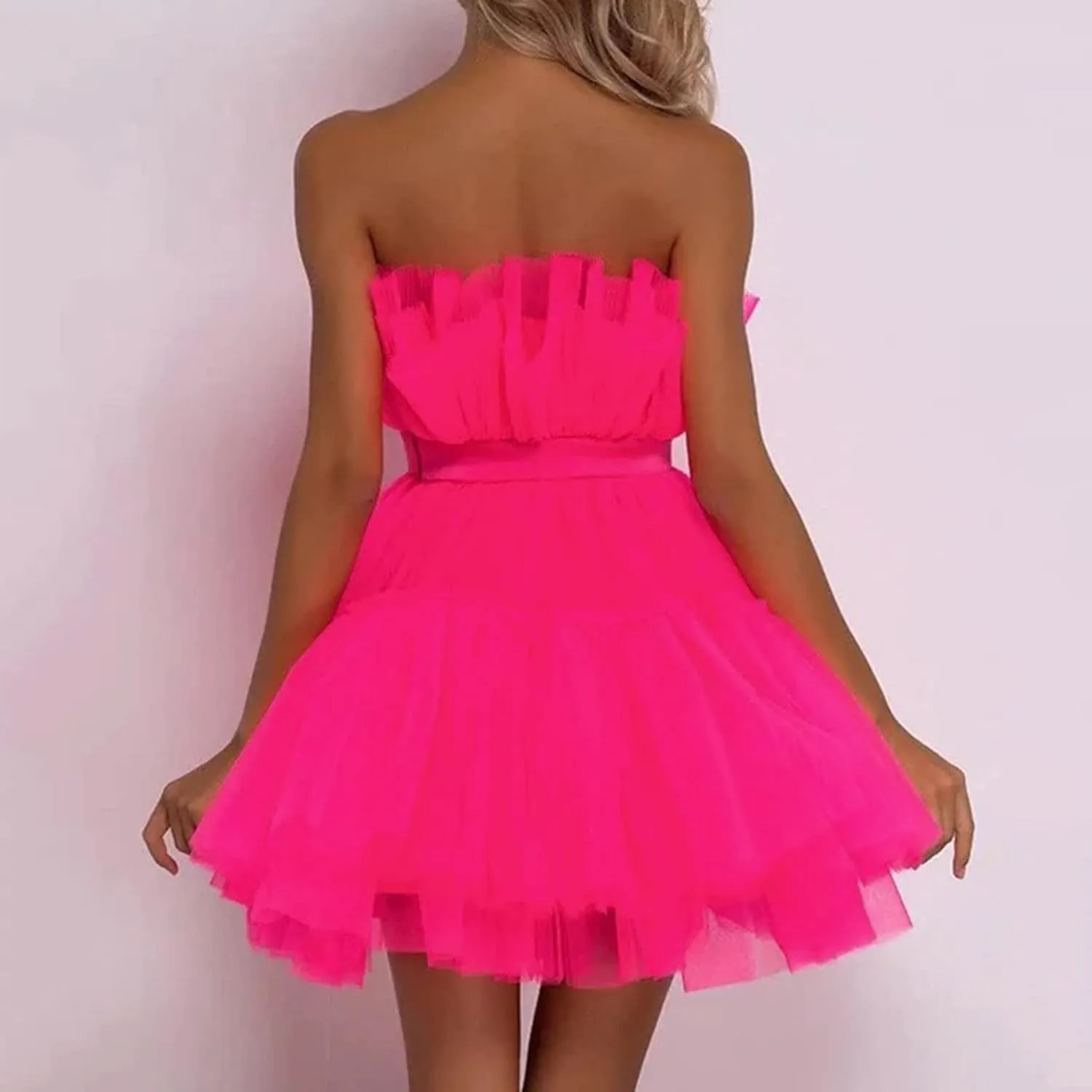 Tulle Dress Women Short Puffy Prom Dress Strapless Mesh Birthday Party Fairy Dresses Ruffle Cocktail Poofy Gown
