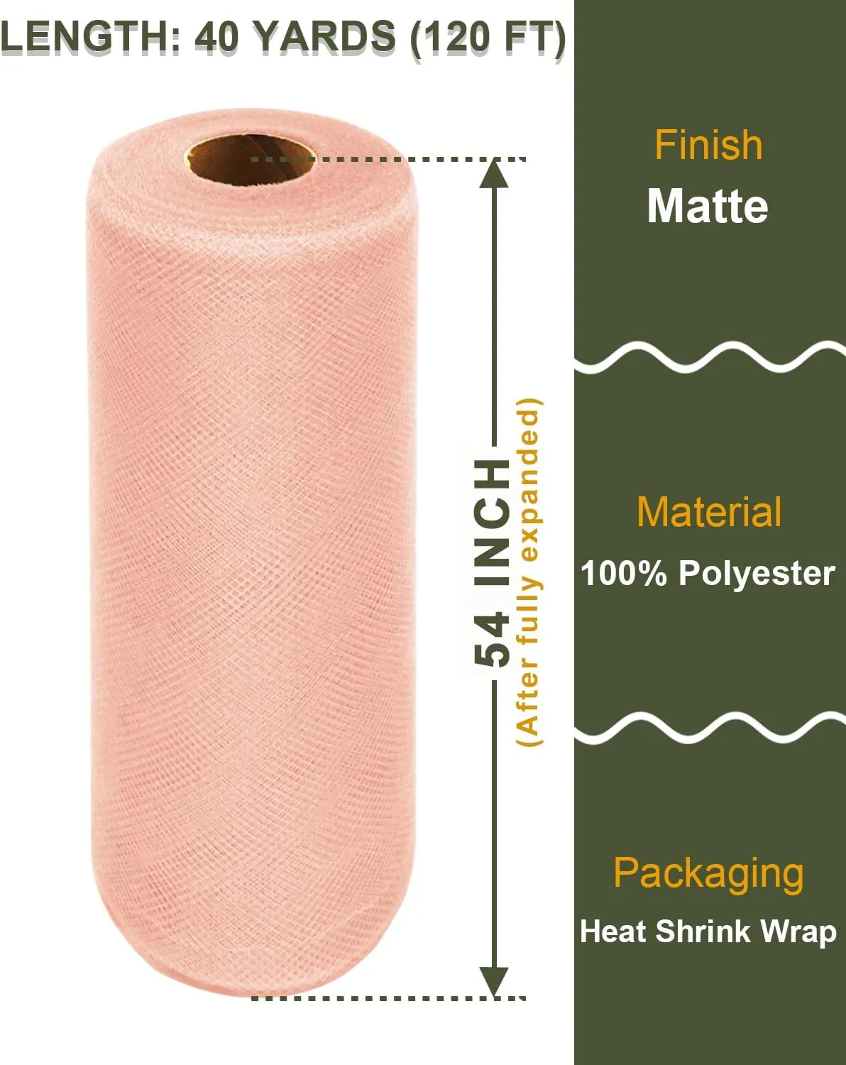 Tulle Fabric Roll, 54 Inch by 40 Yards Sheer Fabric Netting Matte Mesh Bolt for DIY Wedding Decorations, Gift Wrapping, Baby Shower, Tutu Skirt, Halloween Crafts, Christmas Party Supplies (Blush)