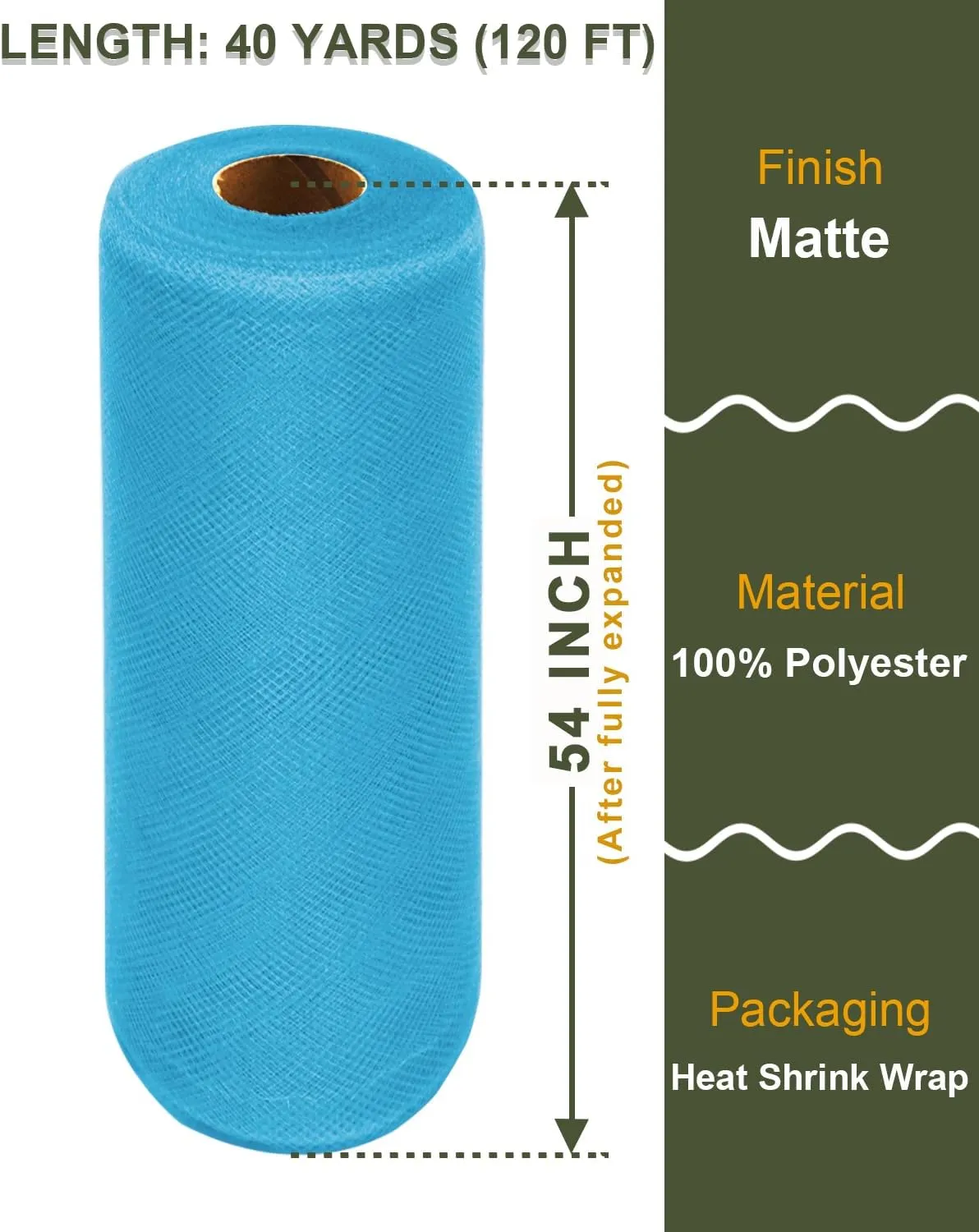 Tulle Fabric Roll, 54 Inch by 40 Yards Sheer Fabric Netting Matte Mesh Bolt for DIY Wedding Decorations, Gift Wrapping, Baby Shower, Tutu Skirt, Halloween Crafts, Christmas Party Supplies (Turquoise)