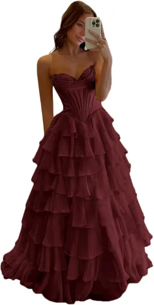 Tulle Floral Print Prom Dress Long Ball Gown Tiered Formal Dress Strapless Sweetheart Evening Gown with Pockets