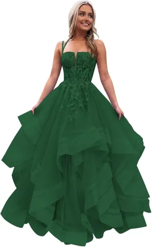 Tulle Glitter Prom Dresses Long A-Line Spaghetti Straps Tiered Appliques Laces Formal Evening Gowns