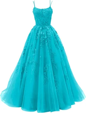 Tulle Lace Appliques Prom Dresses Long Ball Gown for Women Spaghetti Straps Corset Backless Evening Dress