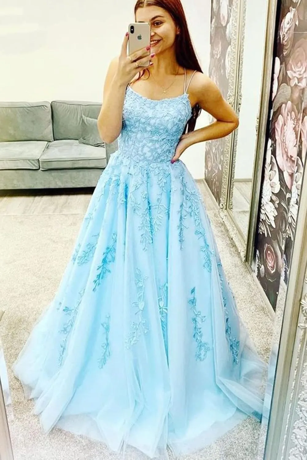Tulle Lace Appliques Prom Dresses Long Ball Gown for Women Spaghetti Straps Corset Backless Evening Dress