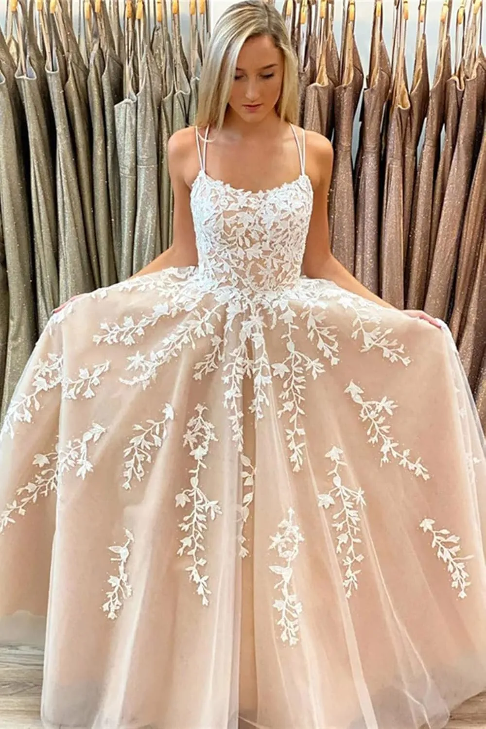 Tulle Lace Appliques Prom Dresses Long Ball Gown for Women Spaghetti Straps Corset Backless Evening Dress