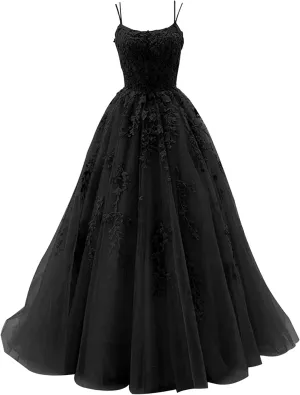 Tulle Lace Appliques Prom Dresses Long Ball Gown for Women Spaghetti Straps Corset Backless Evening Dress