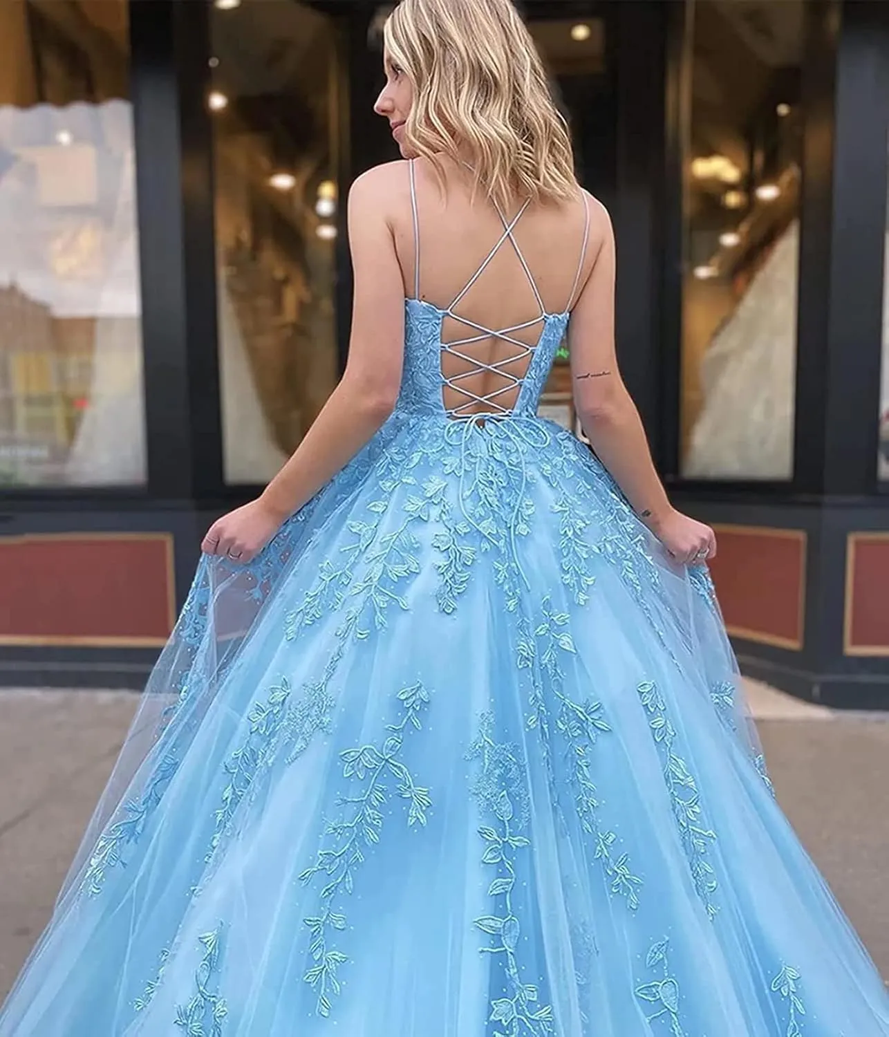 Tulle Lace Appliques Prom Dresses Long Ball Gown for Women Spaghetti Straps Corset Backless Evening Dress