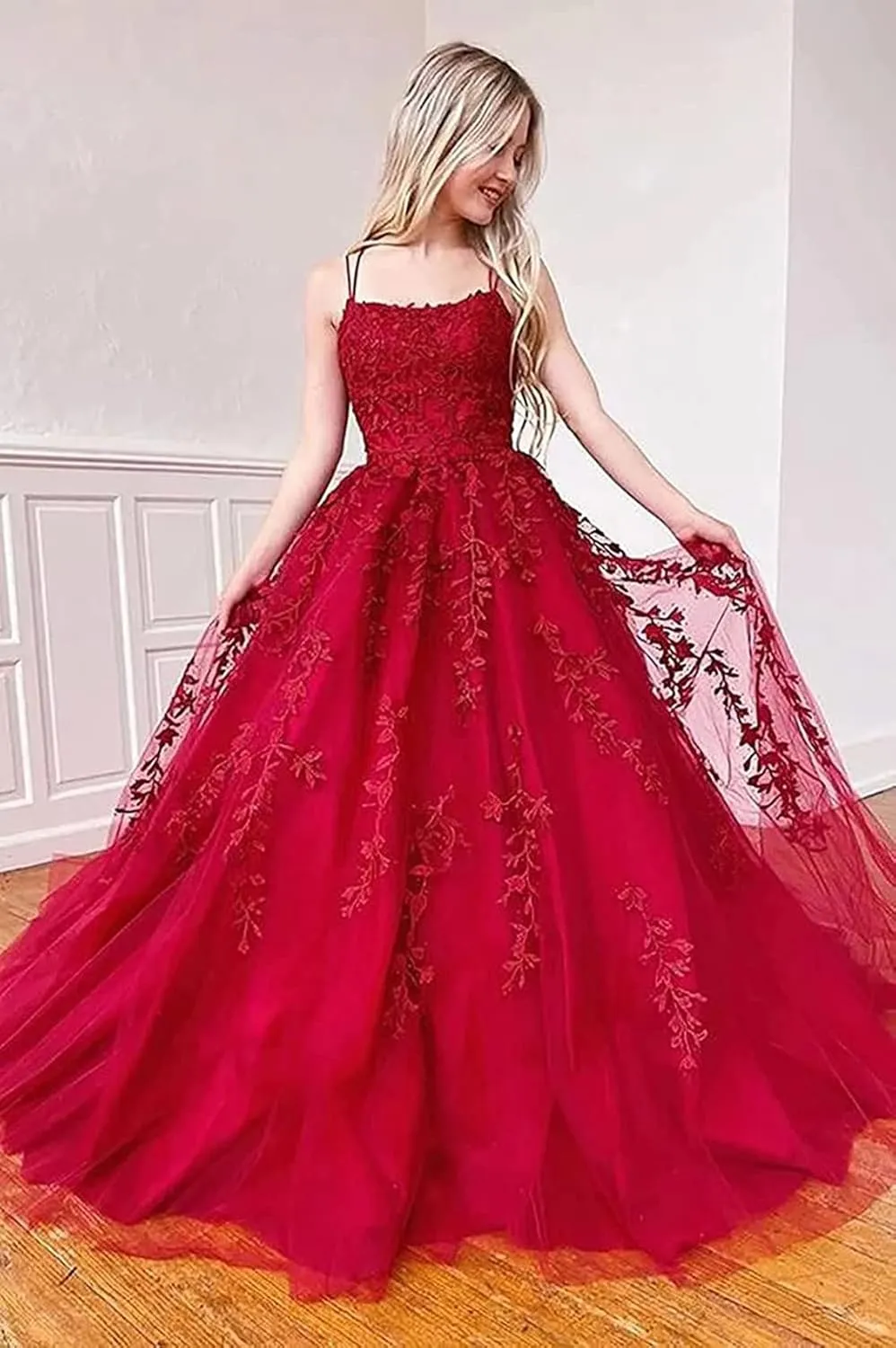 Tulle Lace Appliques Prom Dresses Long Ball Gown for Women Spaghetti Straps Corset Backless Evening Dress