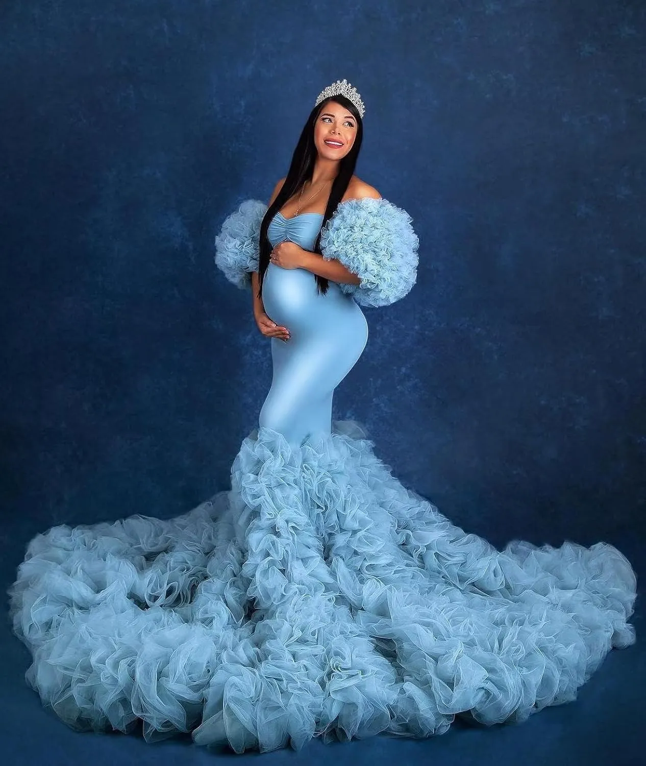 Tulle Maternity Dress for Women Piping Ruffle Baby Shower Dress Mermaid Long Pregnancy Gown for Photoshoot ZX98