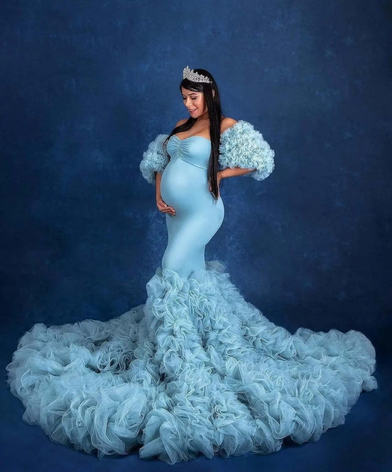 Tulle Maternity Dress for Women Piping Ruffle Baby Shower Dress Mermaid Long Pregnancy Gown for Photoshoot ZX98