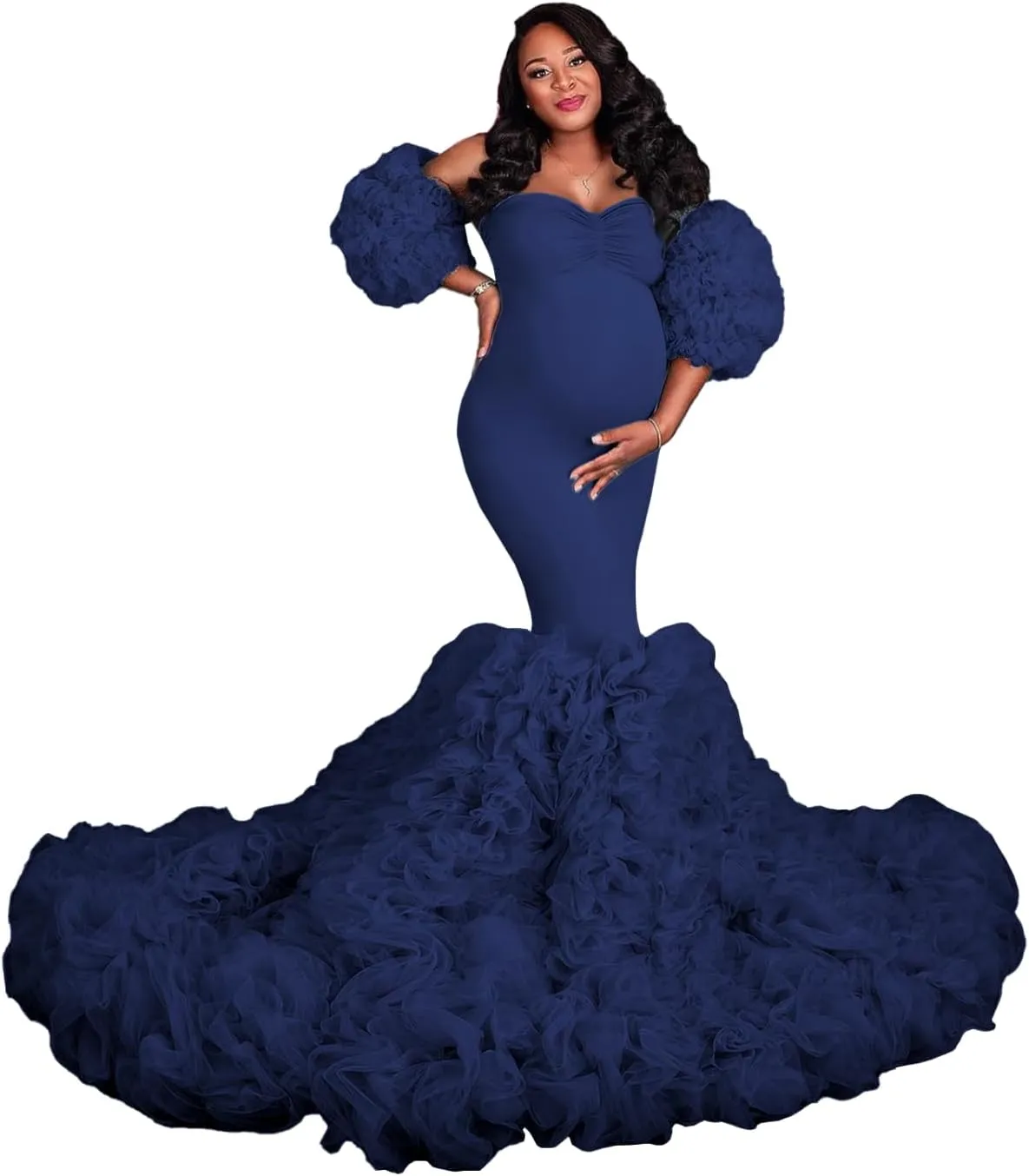 Tulle Maternity Dress for Women Piping Ruffle Baby Shower Dress Mermaid Long Pregnancy Gown for Photoshoot ZX98