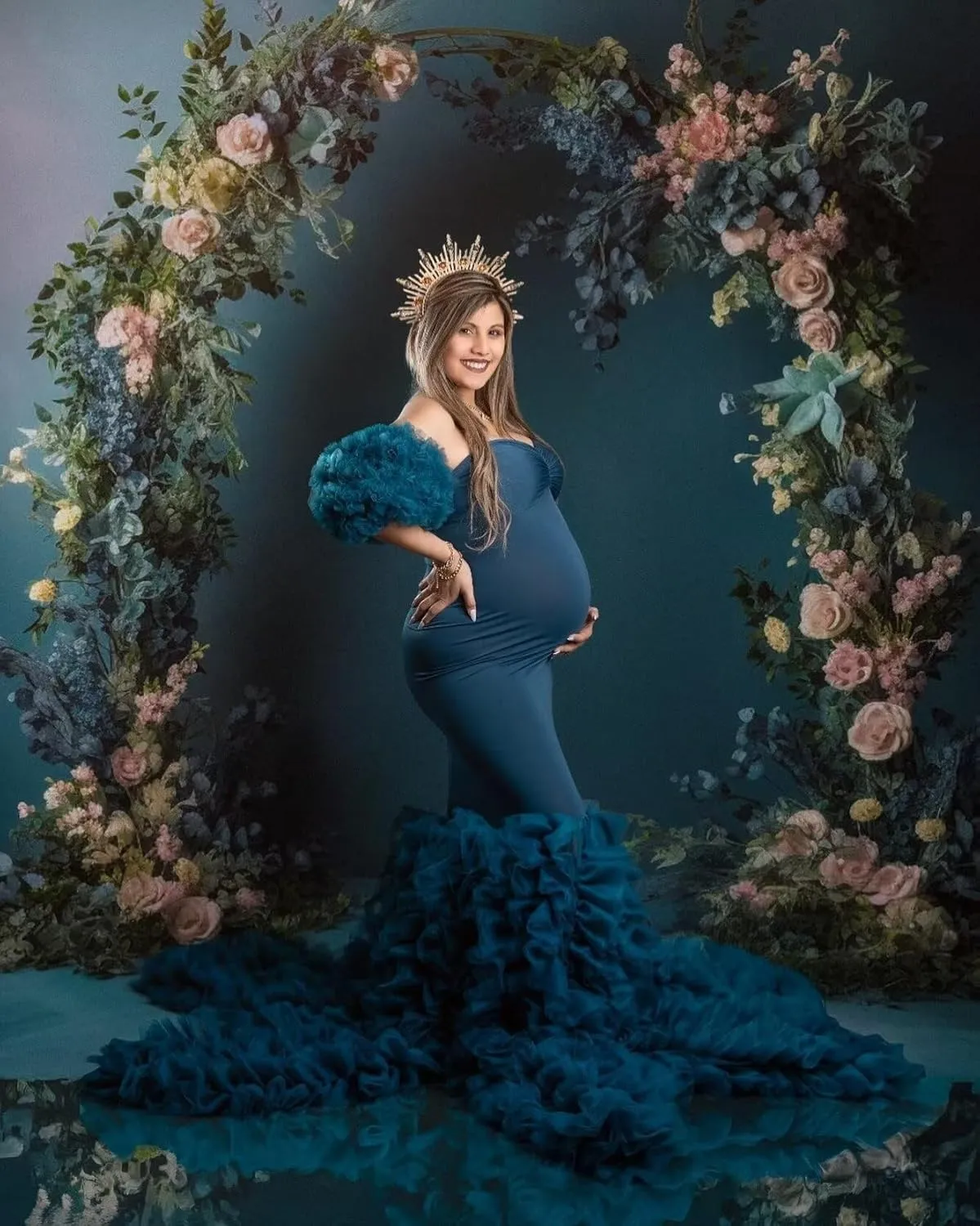 Tulle Maternity Dress for Women Piping Ruffle Baby Shower Dress Mermaid Long Pregnancy Gown for Photoshoot ZX98
