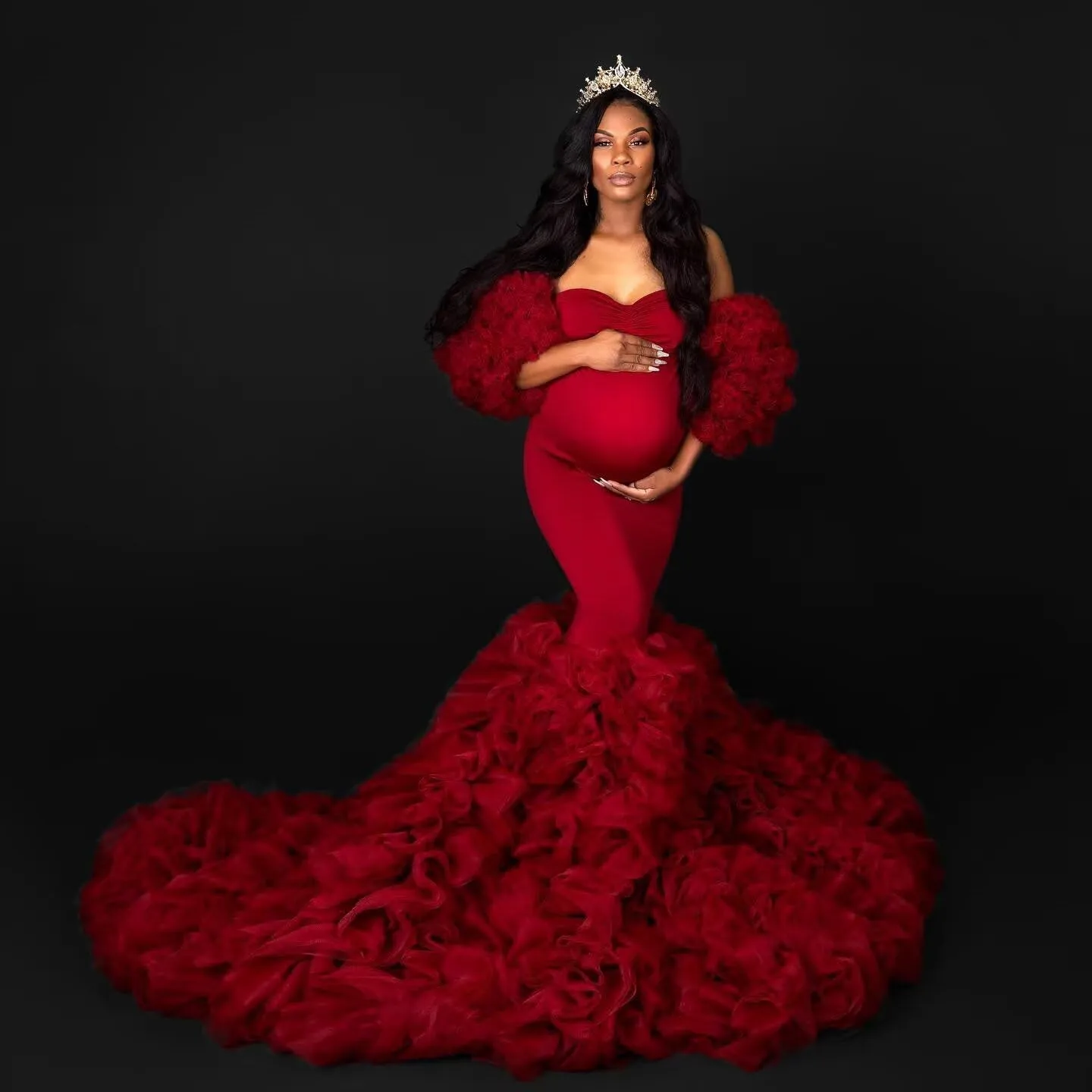 Tulle Maternity Dress for Women Piping Ruffle Baby Shower Dress Mermaid Long Pregnancy Gown for Photoshoot ZX98