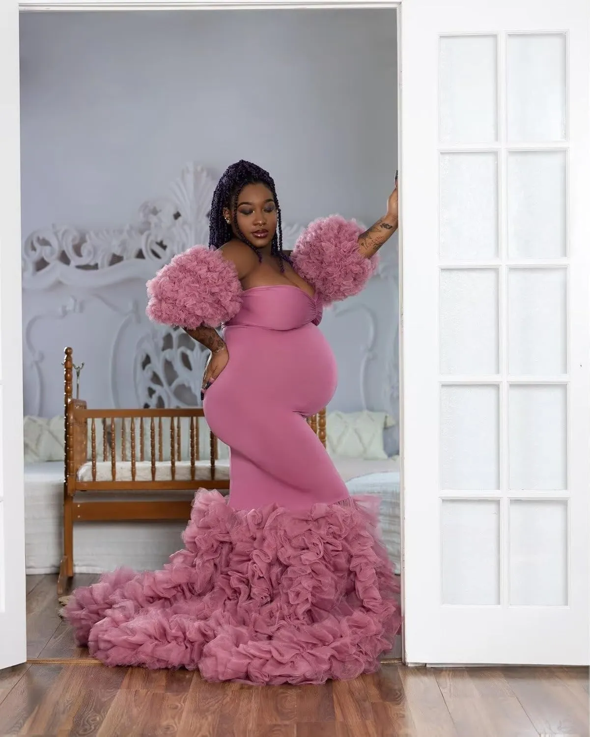 Tulle Maternity Dress for Women Piping Ruffle Baby Shower Dress Mermaid Long Pregnancy Gown for Photoshoot ZX98