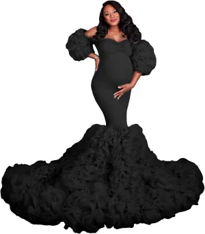 Tulle Maternity Dress for Women Piping Ruffle Baby Shower Dress Mermaid Long Pregnancy Gown for Photoshoot ZX98
