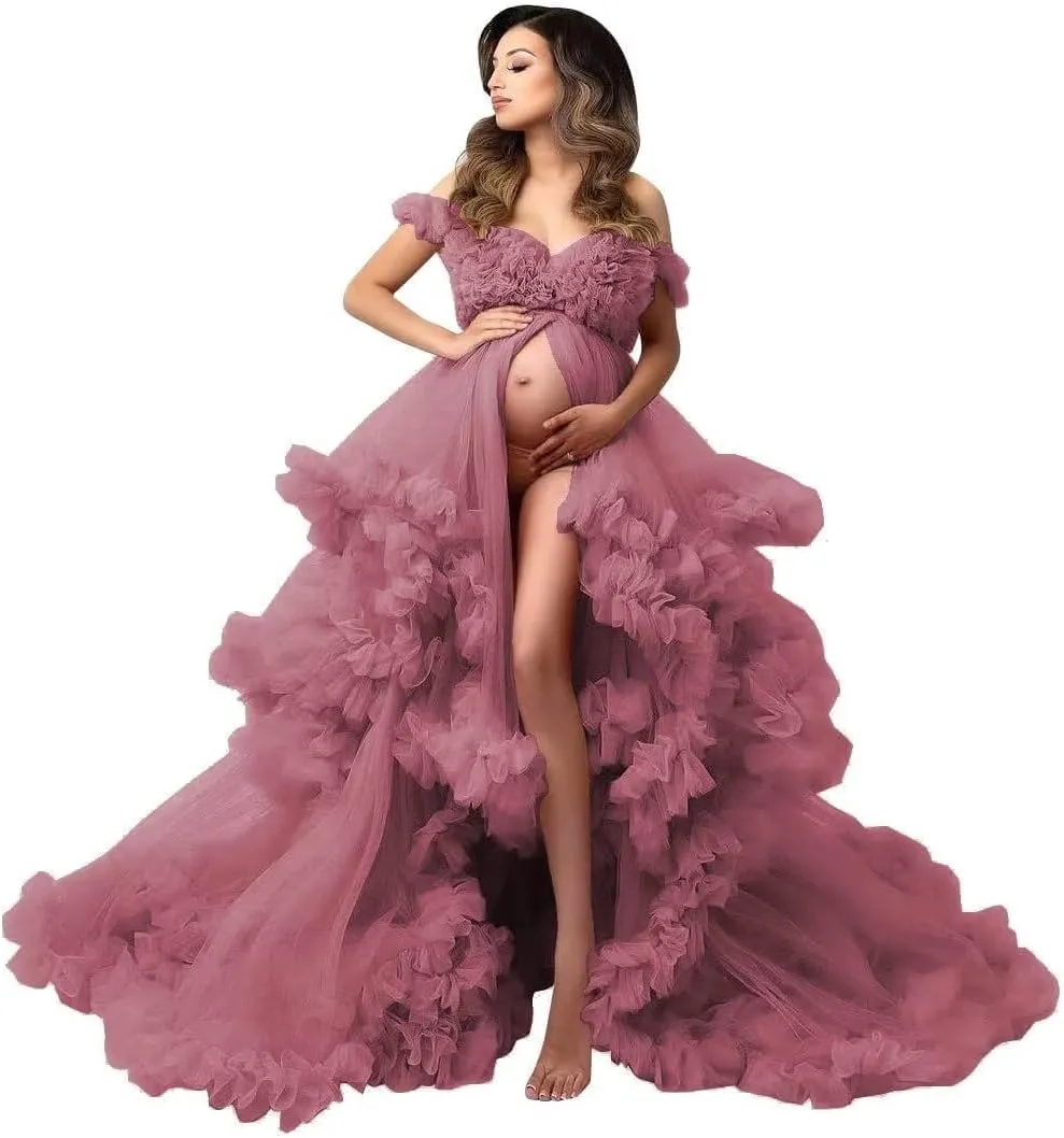 Tulle Maternity Maxi Dress for Photoshoot Puffy Ruffles Baby Shower Dress Long Pregnancy Photography Gowns for Women
