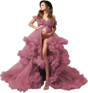 Tulle Maternity Maxi Dress for Photoshoot Puffy Ruffles Baby Shower Dress Long Pregnancy Photography Gowns for Women