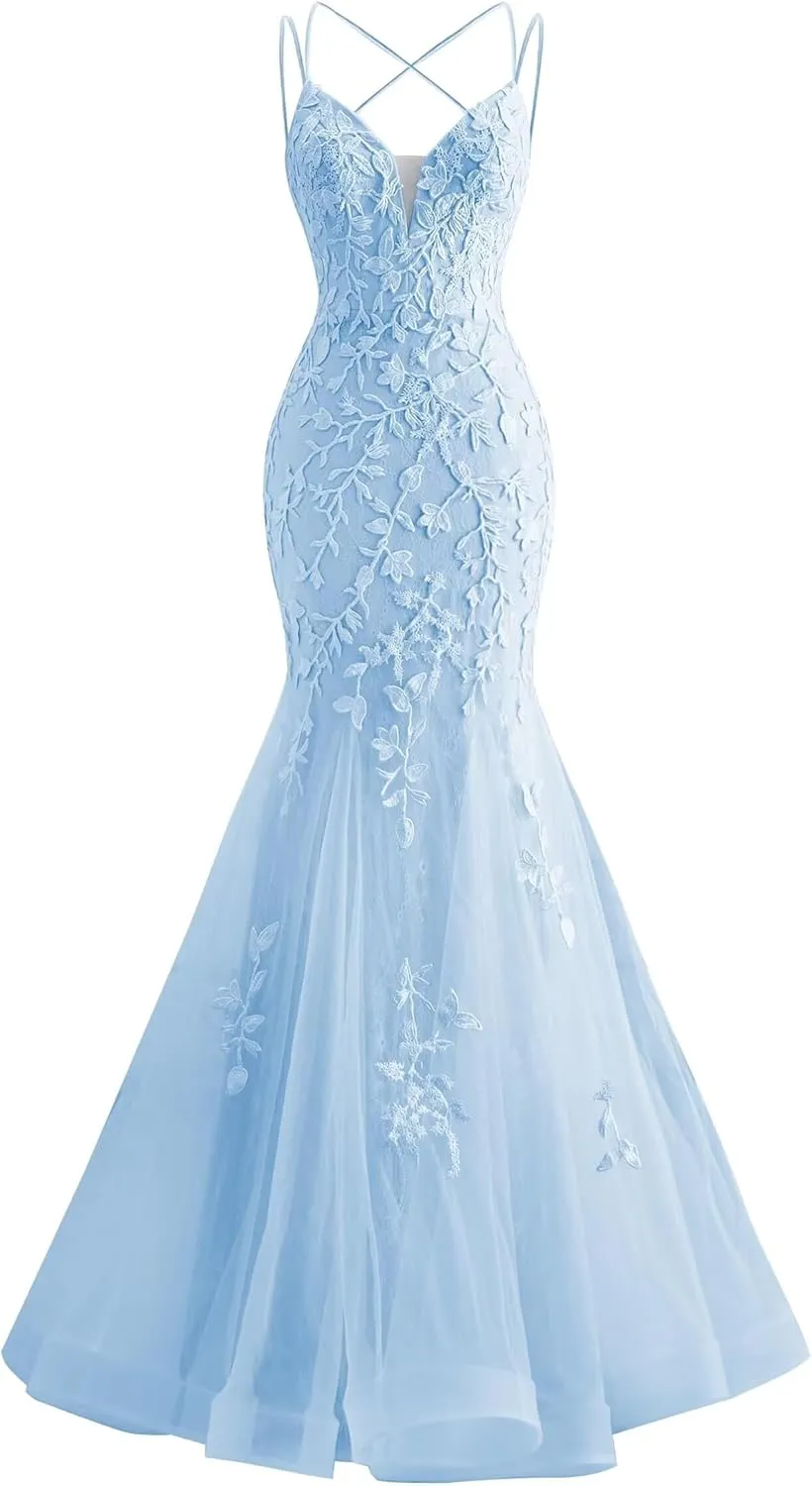 Tulle Mermaid Prom Dresses Lace Applique Spaghetti Straps Wedding Party Dresses for Women