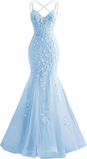 Tulle Mermaid Prom Dresses Lace Applique Spaghetti Straps Wedding Party Dresses for Women